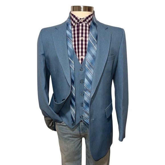 Vintage 70s JC Penney 3 Piece Suit Sport Coat Vest Tie Mens 40L Blue Stripe - Picture 2 of 12